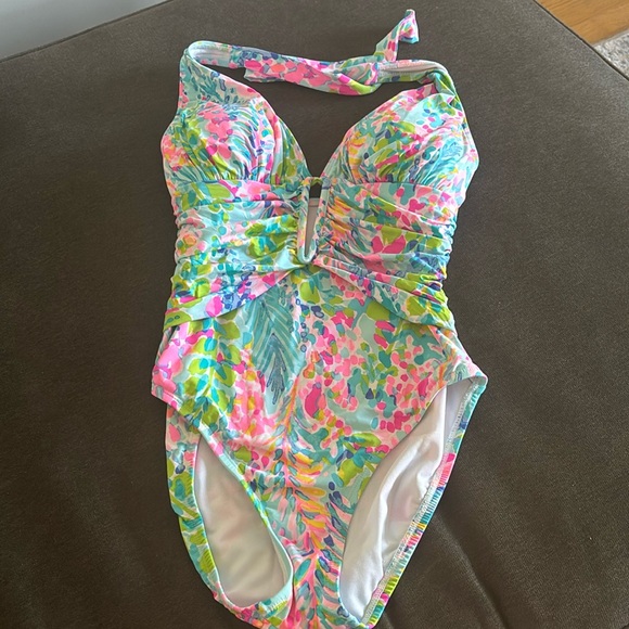 Lilly Pulitzer Lanai Halter One Piece Catch The Wave Swimsuit Blue Pink Size 2 - Picture 1 of 9